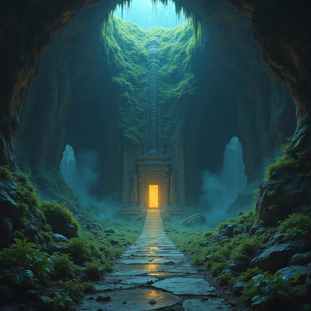 Hidden Alien Temple in Ancient Spaceship, Bioluminescent Flo...