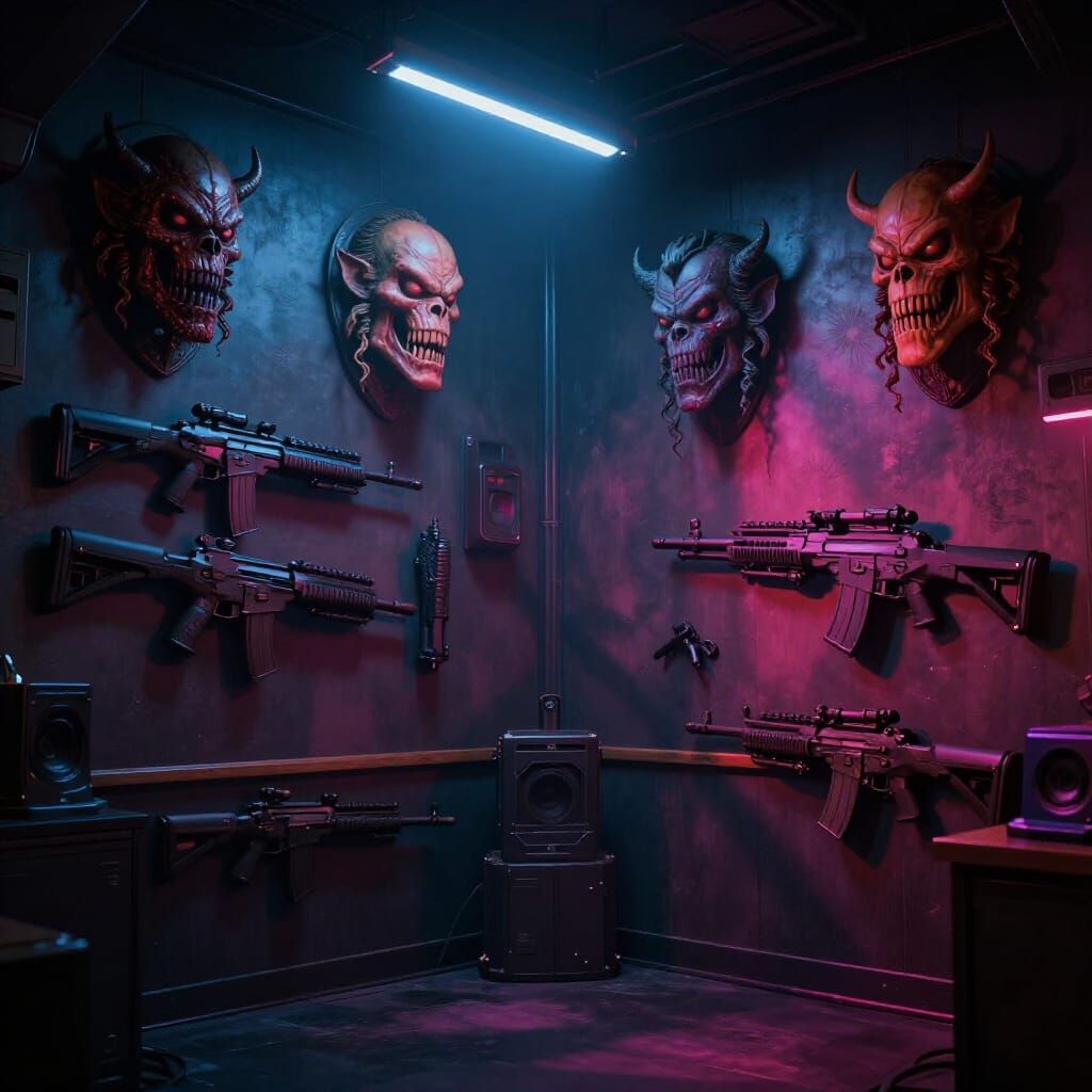 Neo-Noir Cyberpunk Room with Monster Trophies