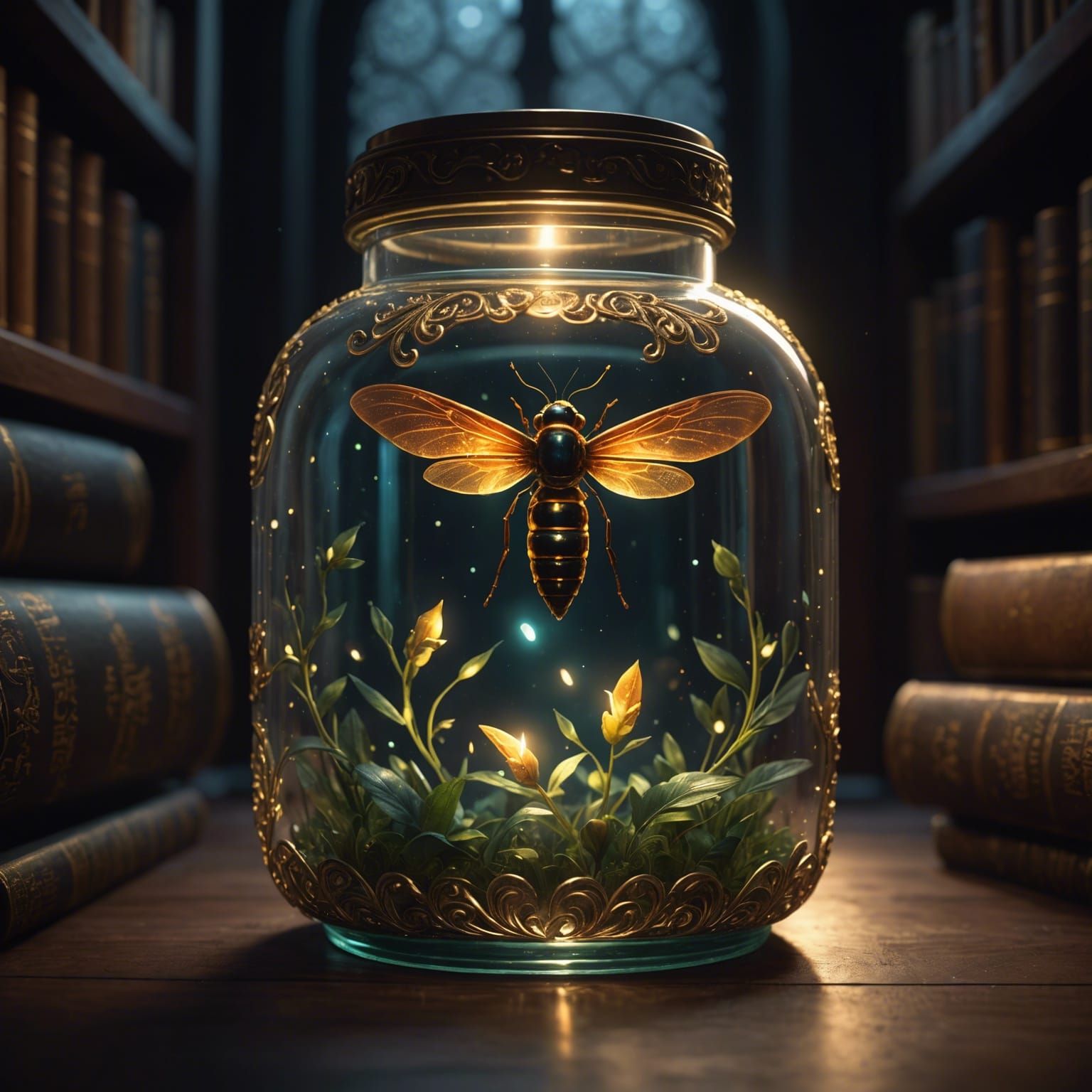 Glowing Firefly in Glass Jar, Dark Library