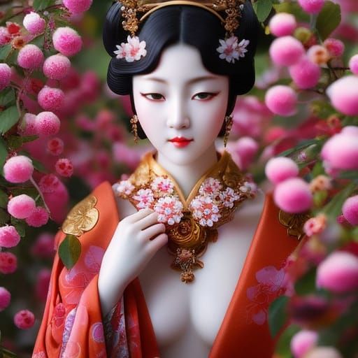 Japanese Woman in Kimono by Cherry Tree