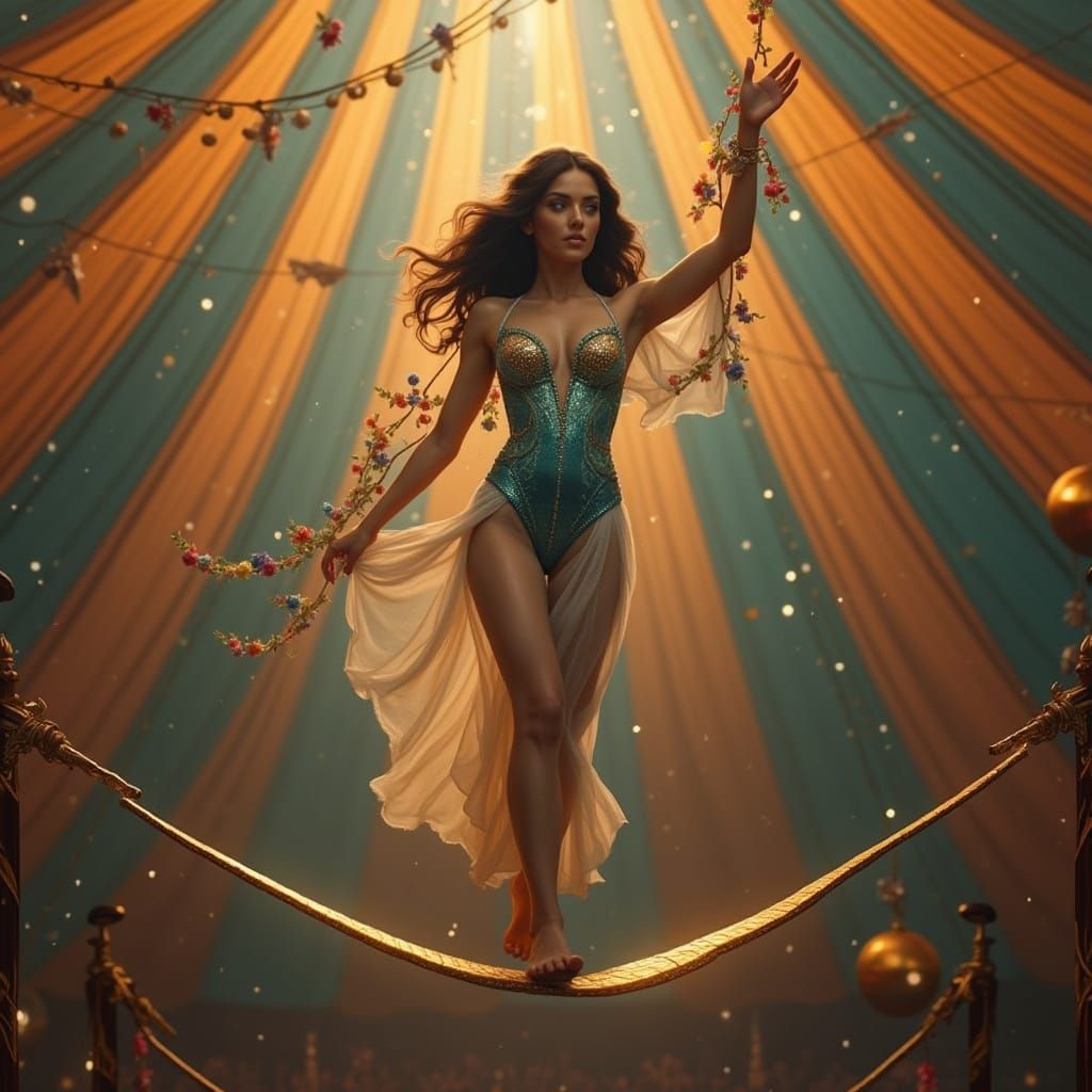 Elegant Trapeze Artist on a Golden Tightrope Amidst a Vibran...