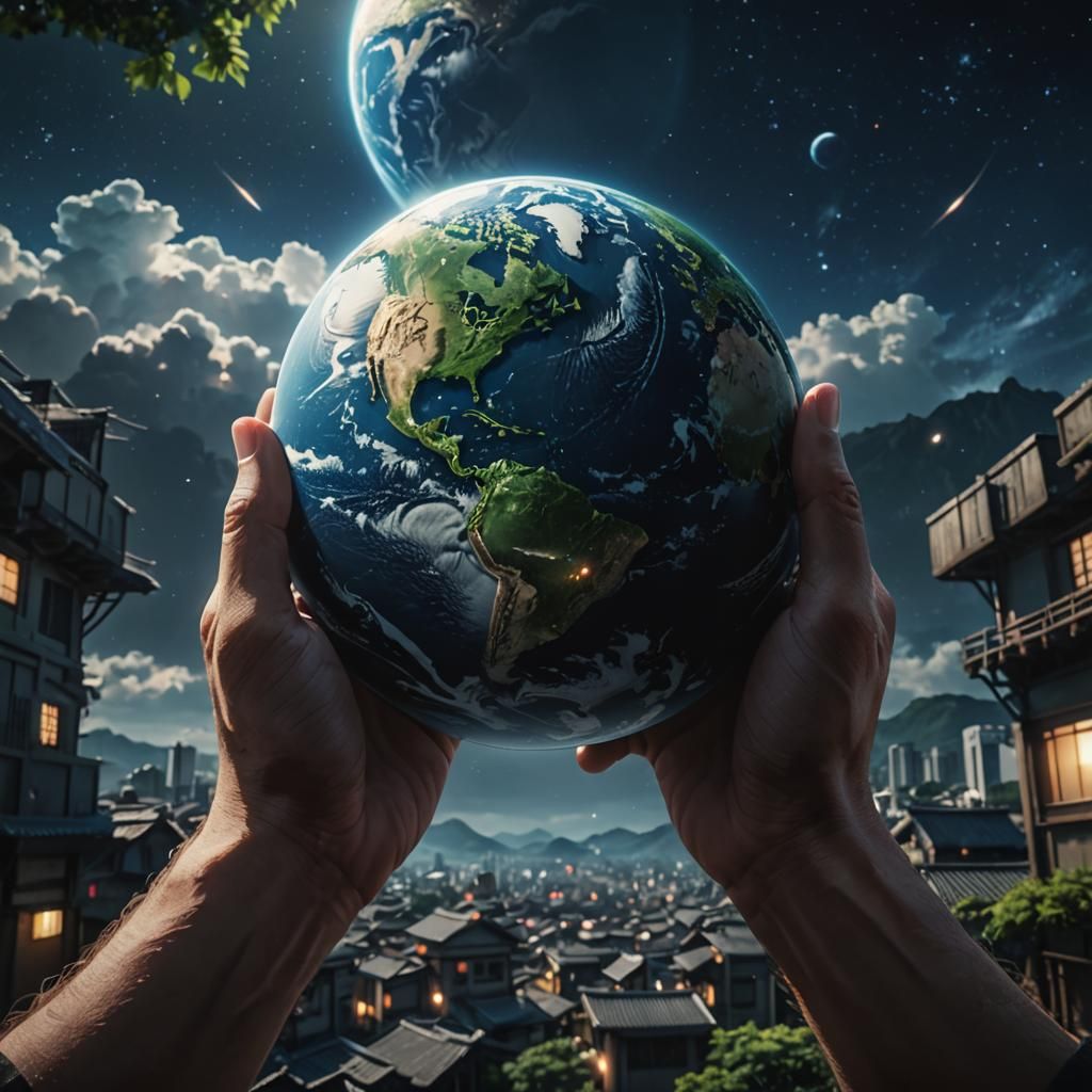 Anime Hands Gently Holding Earth: Cinematic Still