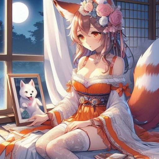 Anime Fox Girl with Seven Tails in Lacy Shawl and Dress by M...