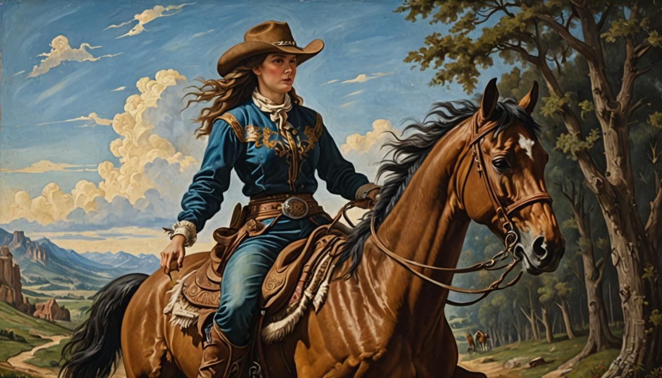 Renaissance Cowgirl Riding Horse Oil Painting