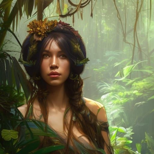 Detailed Portrait of a Jungle Queen in Art Nouveau Style