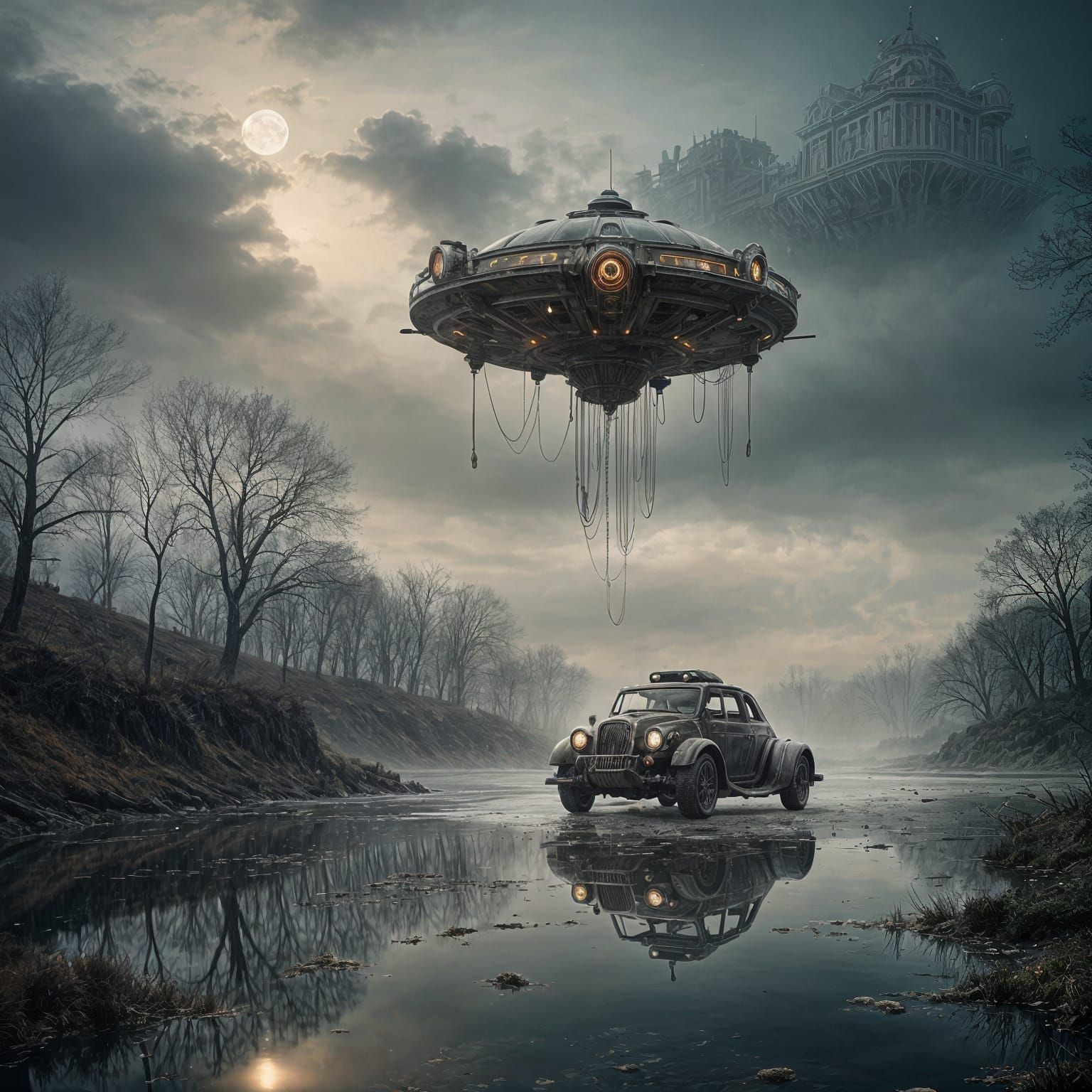 Futuristic Steampunk Car in Art Nouveau Style