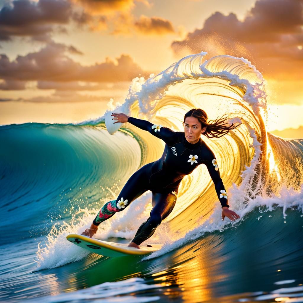 Hawaiian Surfer Rides Ocean Wave at Sunset