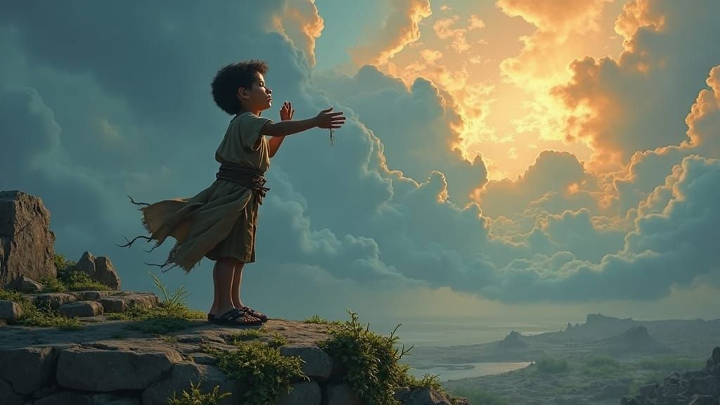 Boy Prayers in Ancient Ruins: Matte Painting
