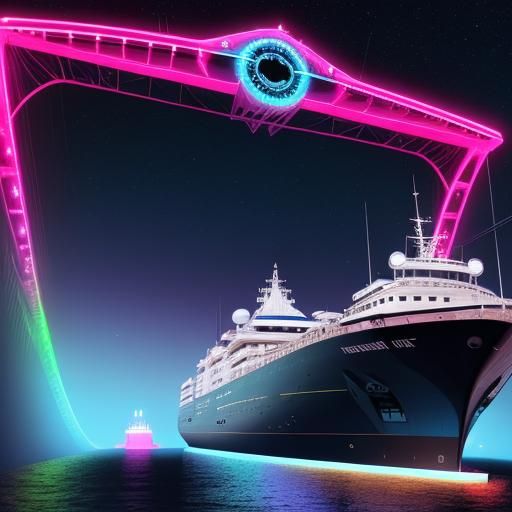 {
  "main_prompt": "A boat adorned with radiant neon stripes...