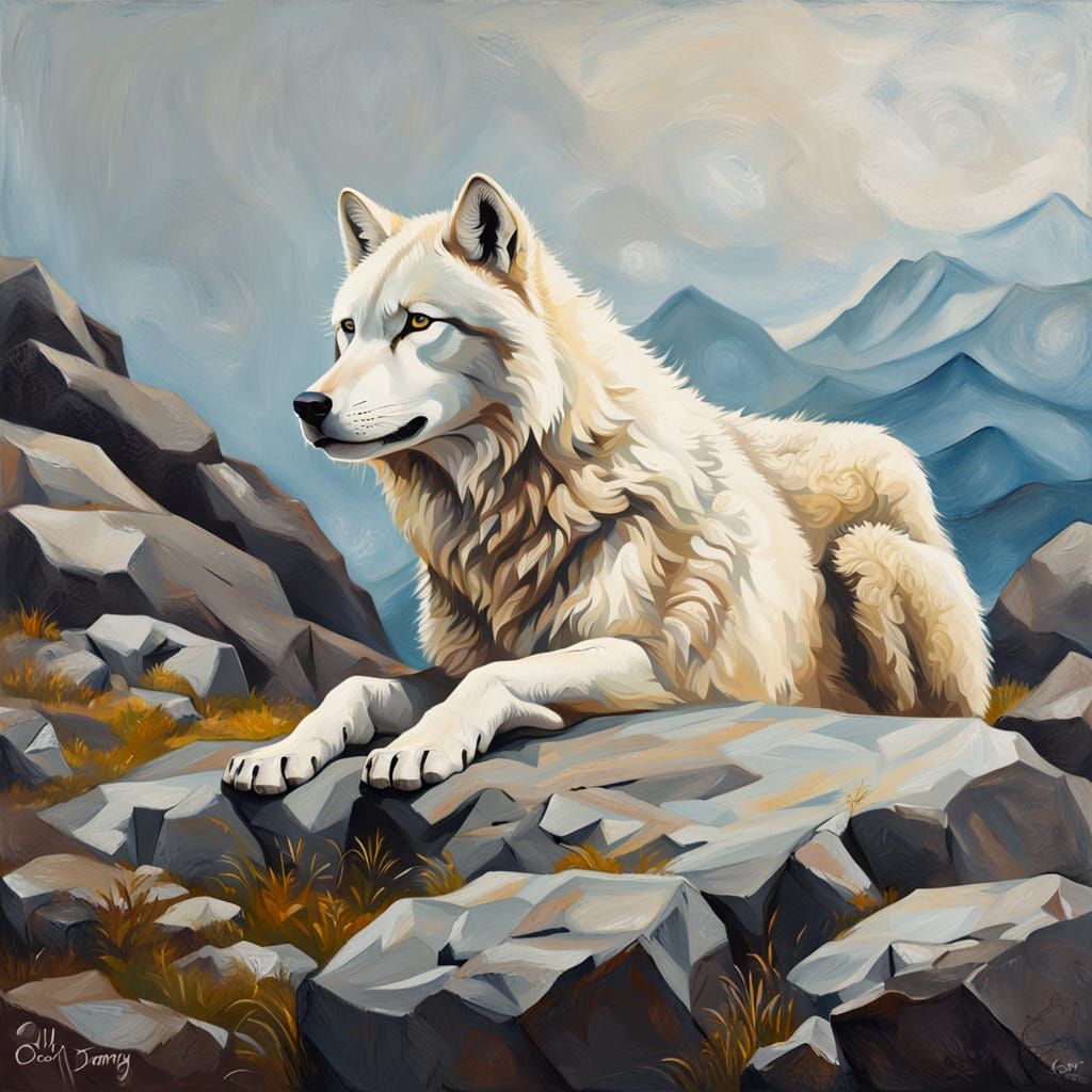 Arctic Wolf Surveys Greenland, Oil Painting
