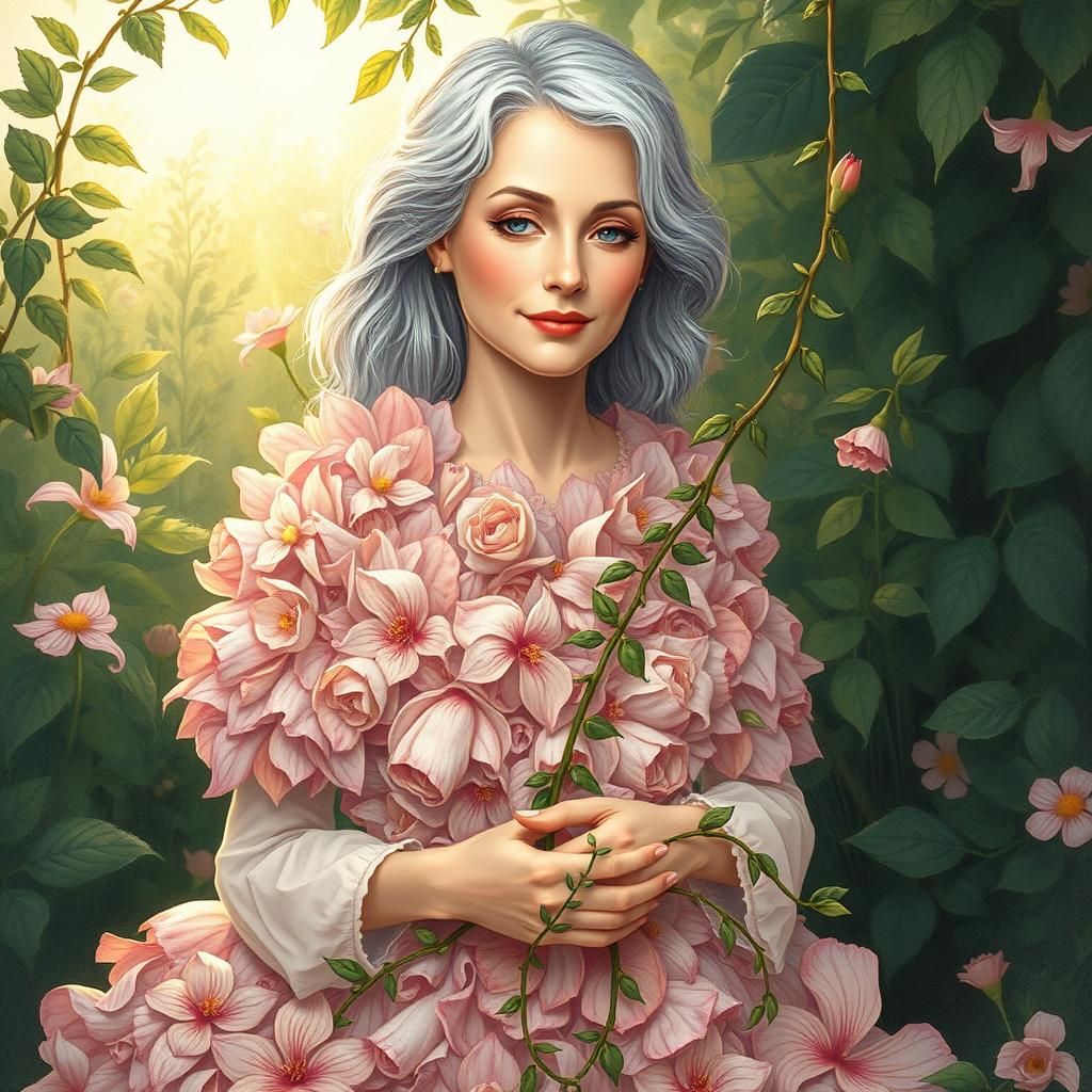 Elegant Woman in Floral Dress: Fantasy Illustration