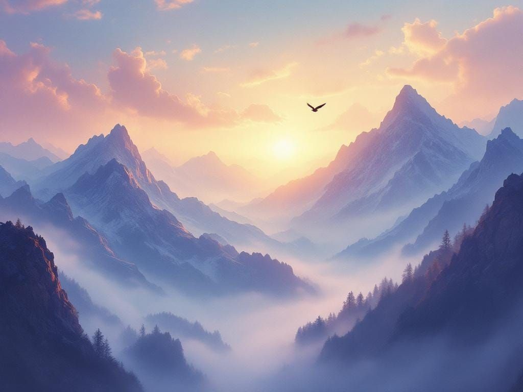 Serene Sunrise Over Misty Mountains in Classic Style