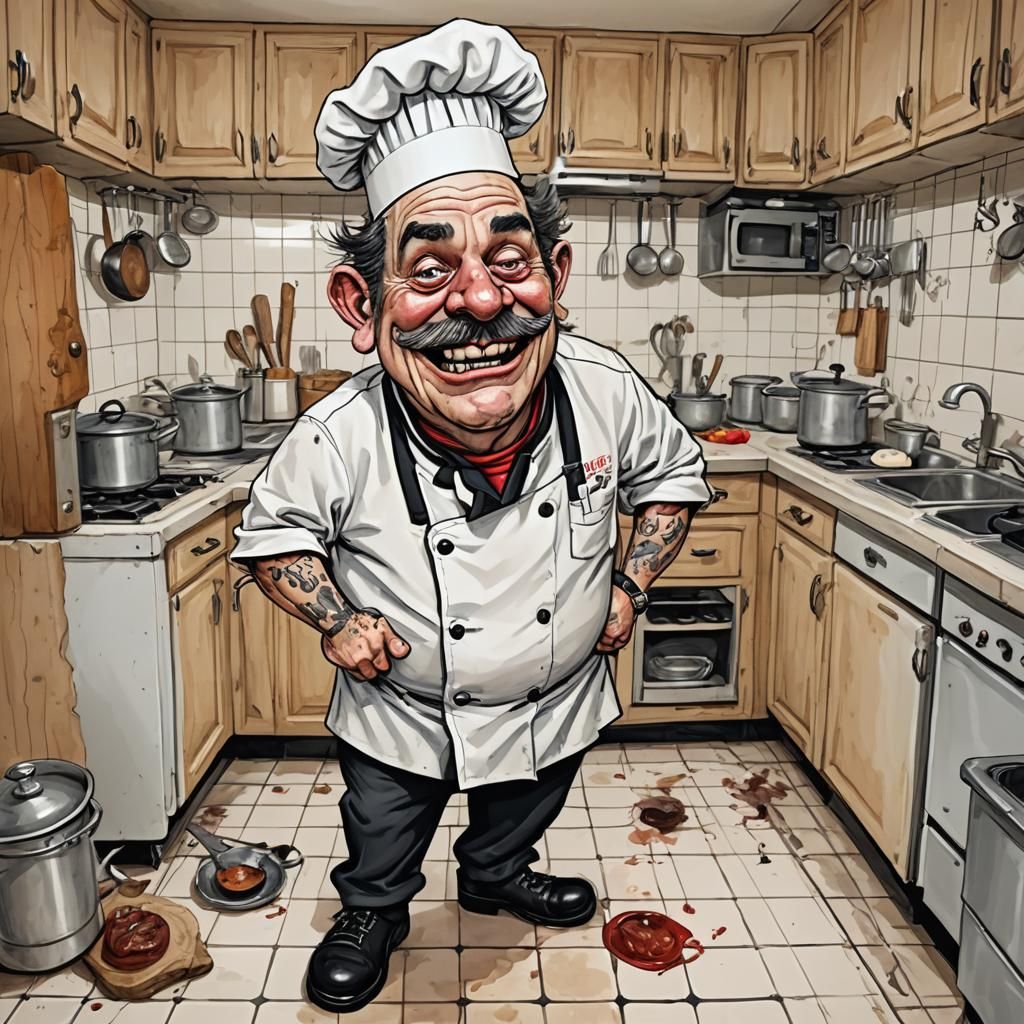 Humorous Caricature of a Disheveled Chef in Kitchen