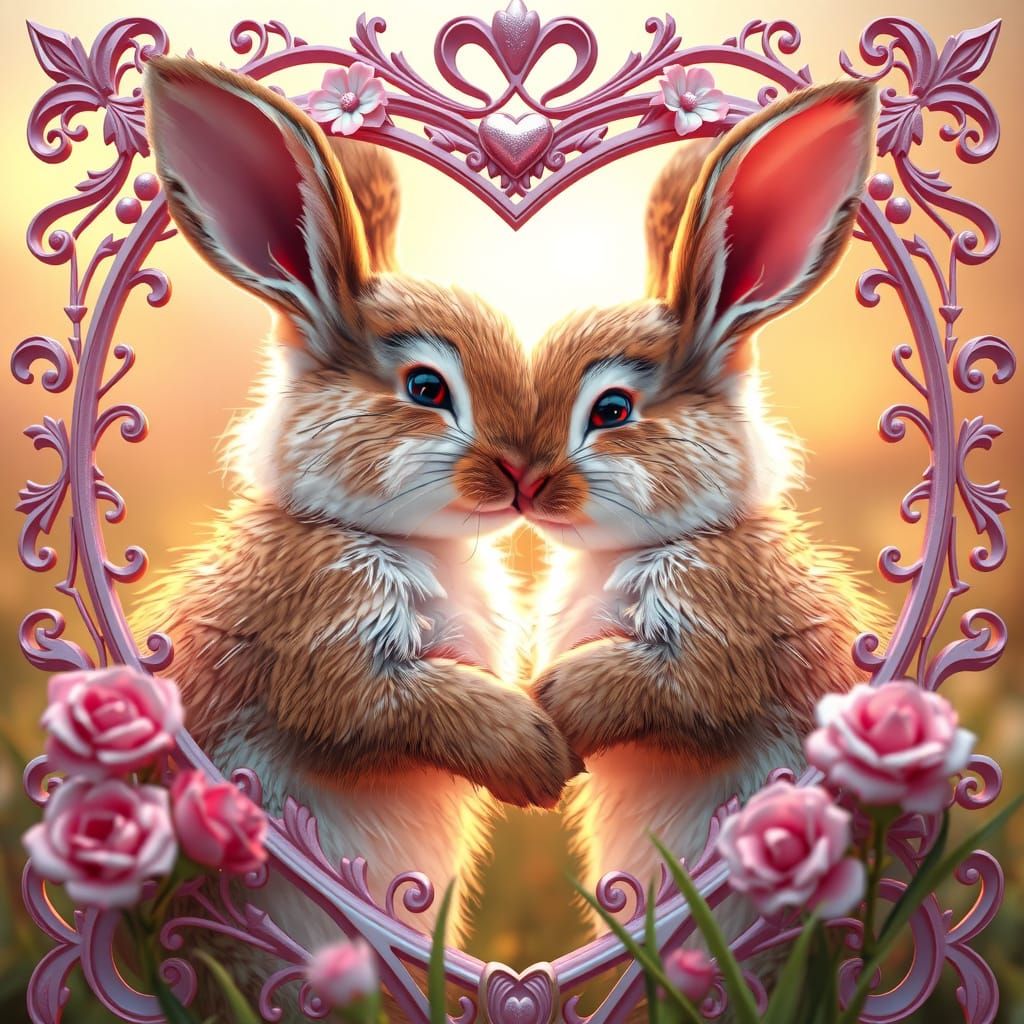 Romantic Rabbit Couple in Heart-Shaped Frame