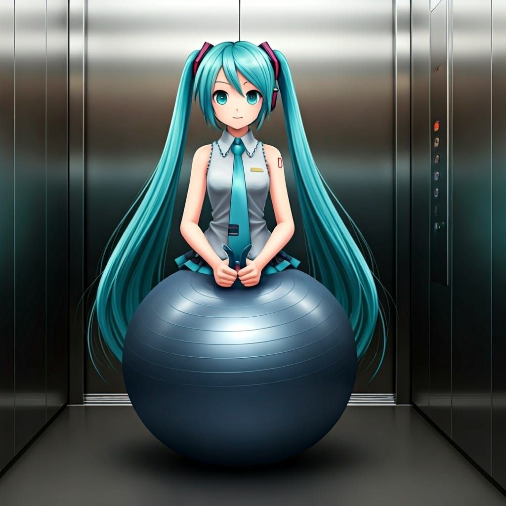 Virtual Pop Idol Bounces on Dark Blue Exercise Ball in Eleva...