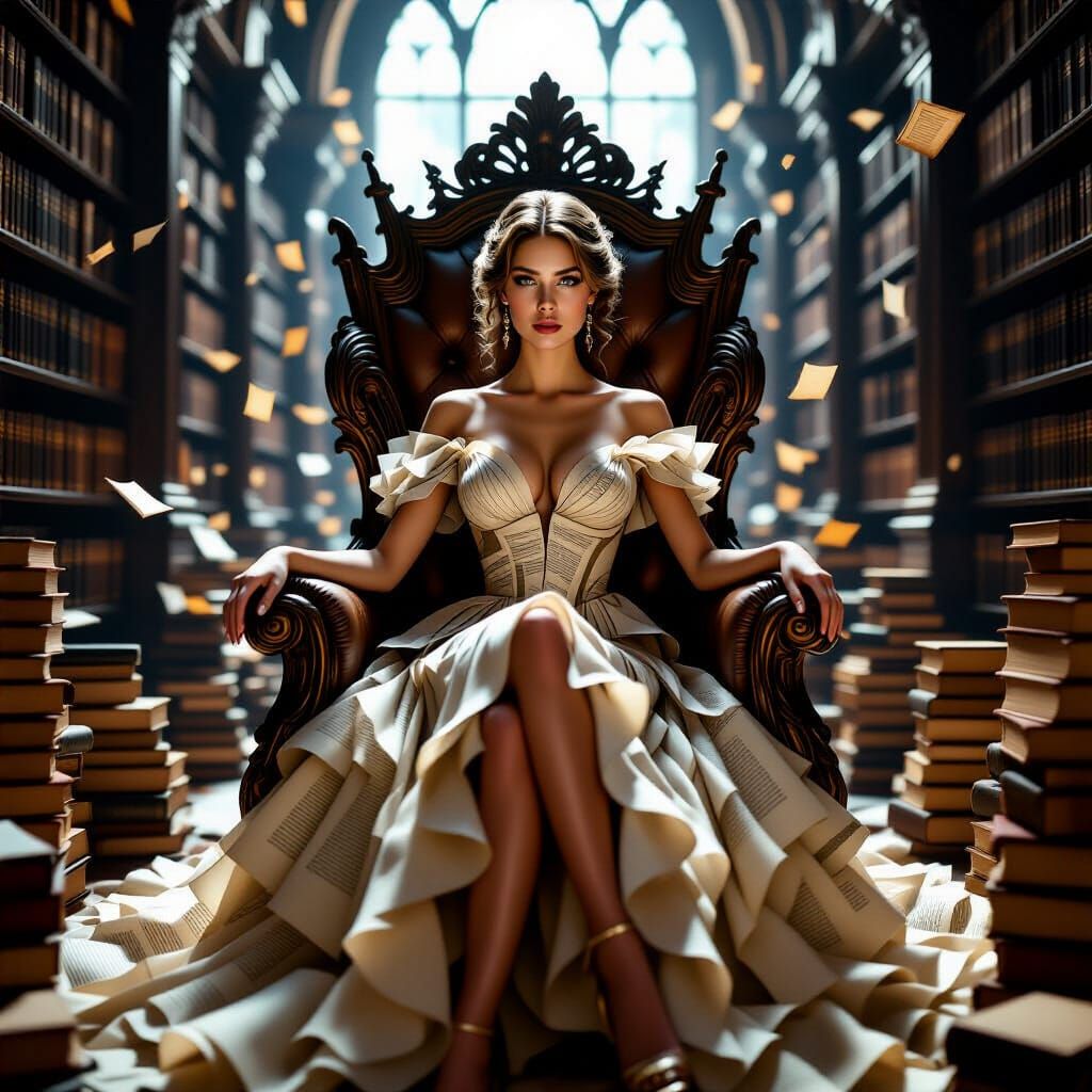 Ethereal Librarian on Book Throne in Fantasy Library