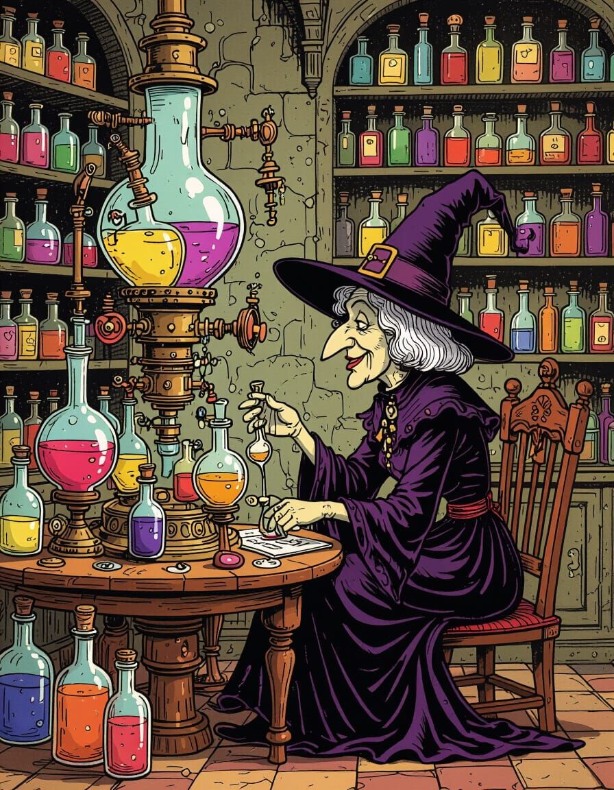 Whimsical Witch and Magic Potion Machine Illustration