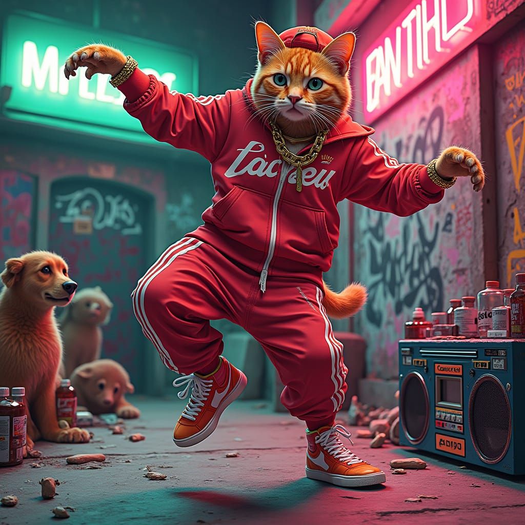 Orange Tabby Cat Breakdancing in 1980s Urban Scene