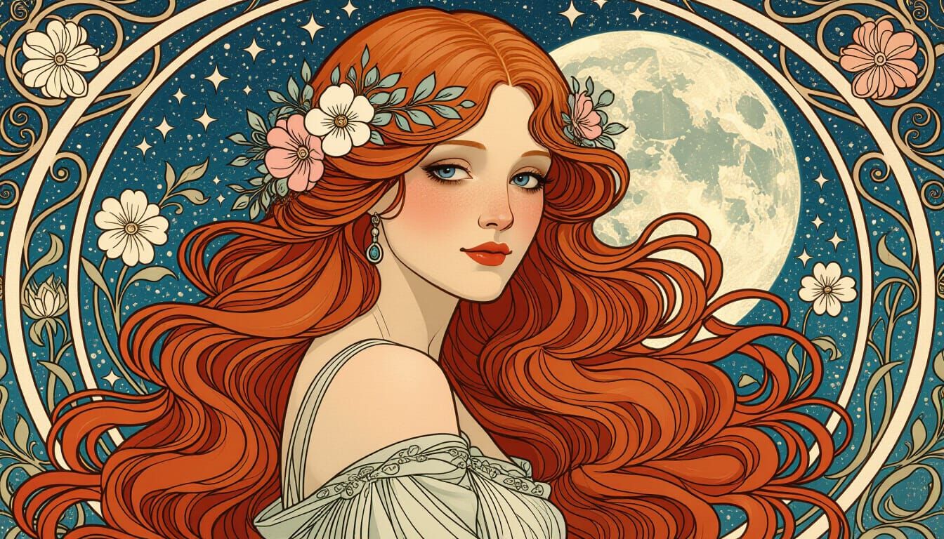 Red Haired Woman with Floral Hair Amidst Stardust