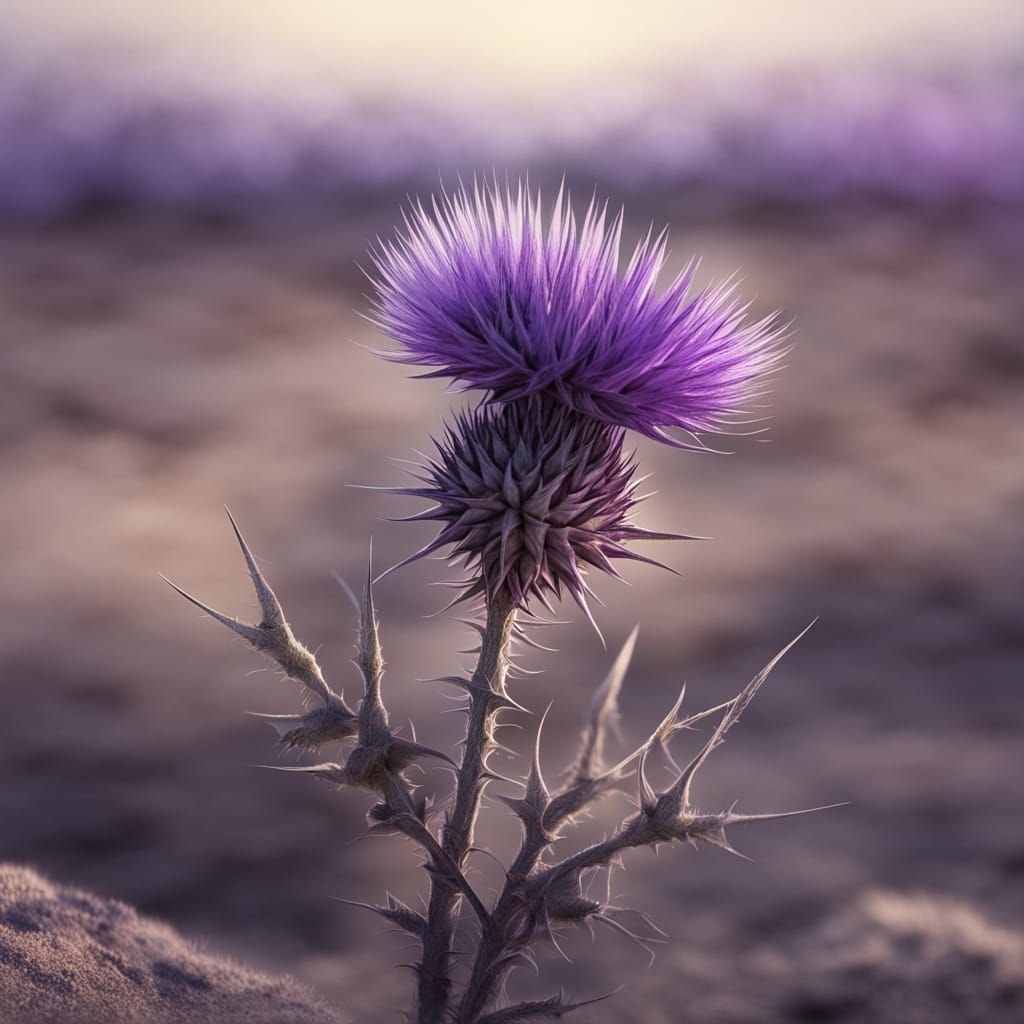 Ethereal Thistle Blooms in Desolate Fantasy Landscape