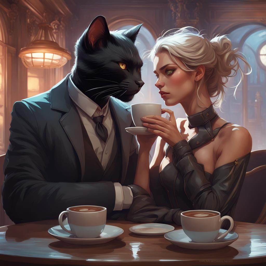Black Cat Man Drinking Coffee: Hyperdetailed Portrait