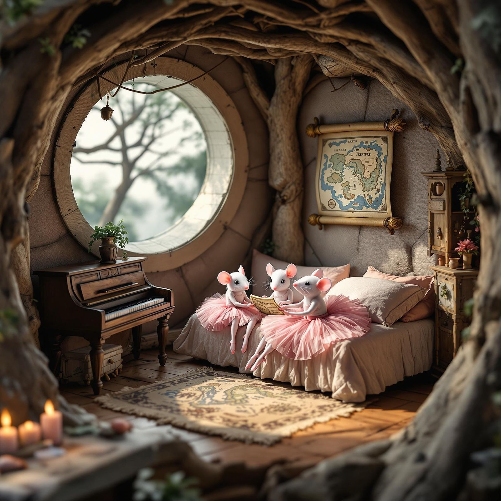 Whimsical Mice in Dreamlike Treehouse Sanctuary