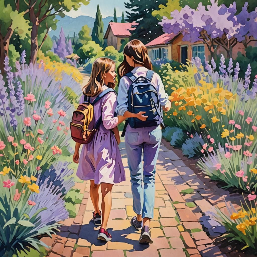 Girls on Garden Path in Impressionist Gouache