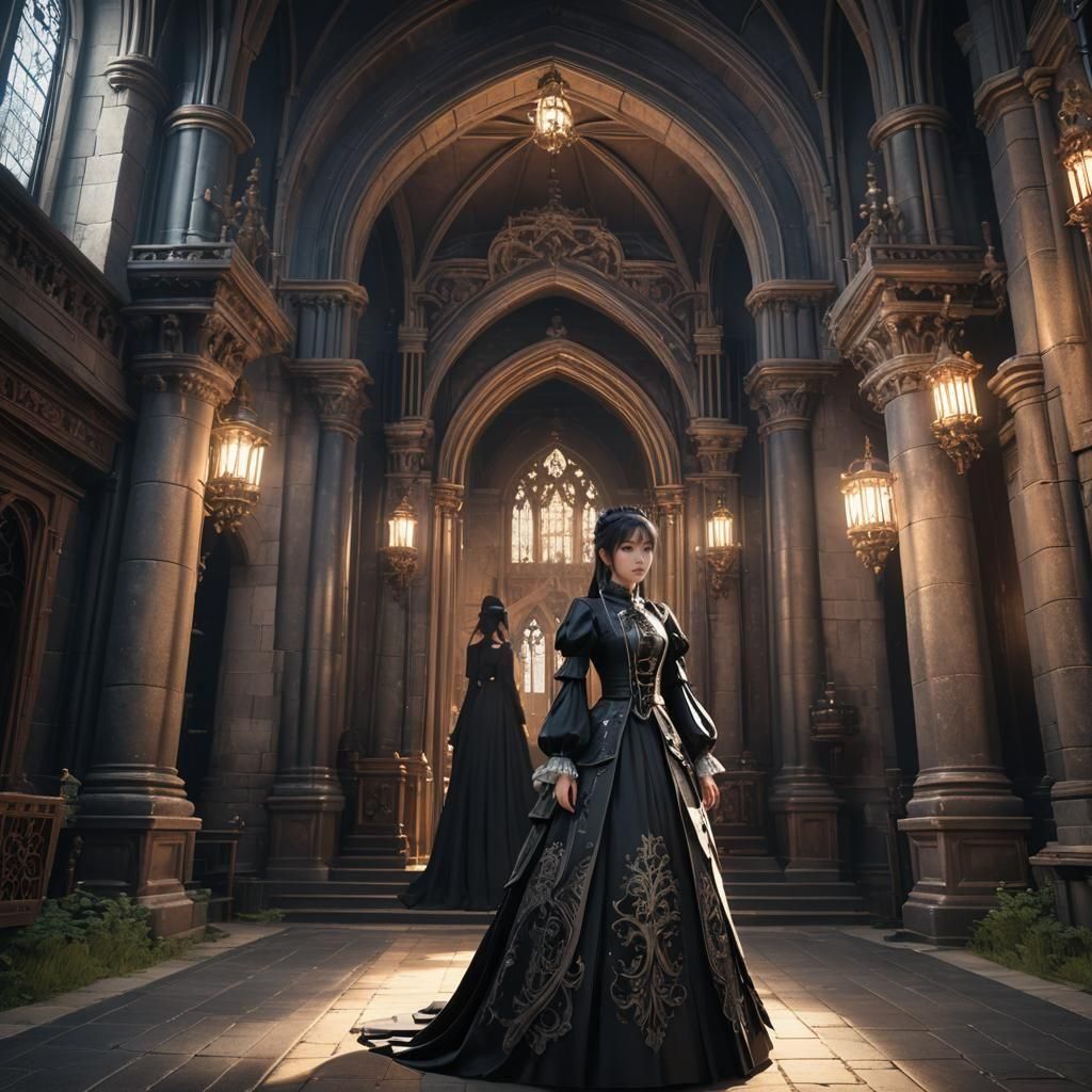 Asian Girl in Gothic Castle: 3D Anime Art