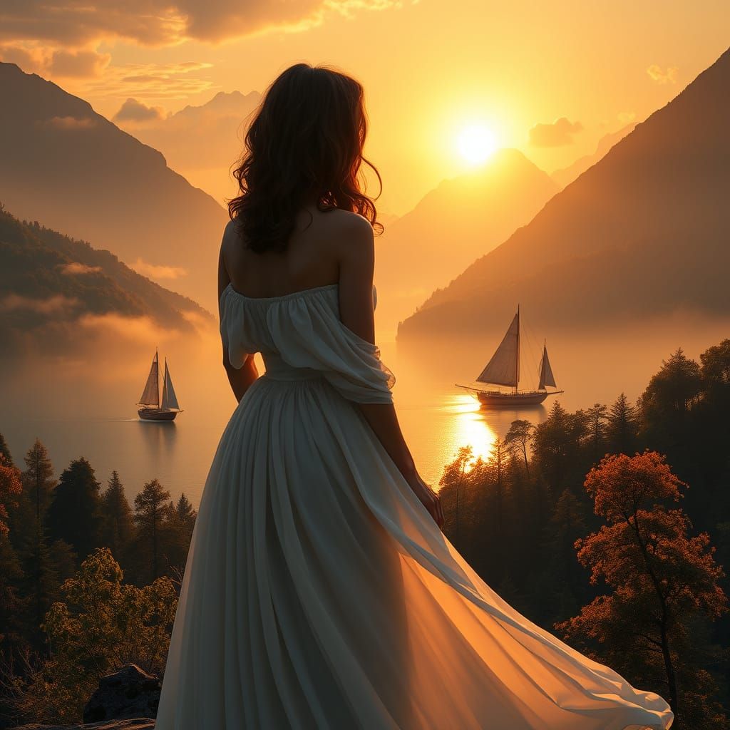 Serene Woman Contemplates Majestic Lake Landscape in Golden ...