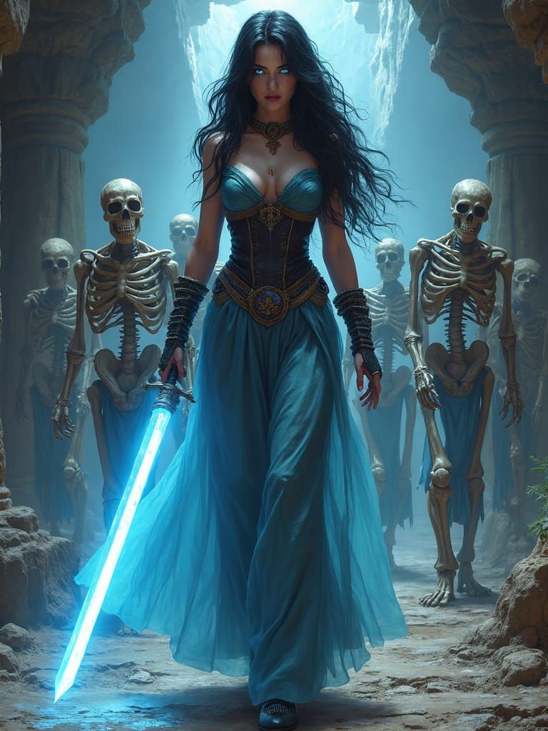 Ethereal Lady Wields Crystal Sword in Ancient Temple