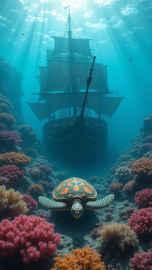 Turtle Swims Past Sunken Coral Pirate Ship