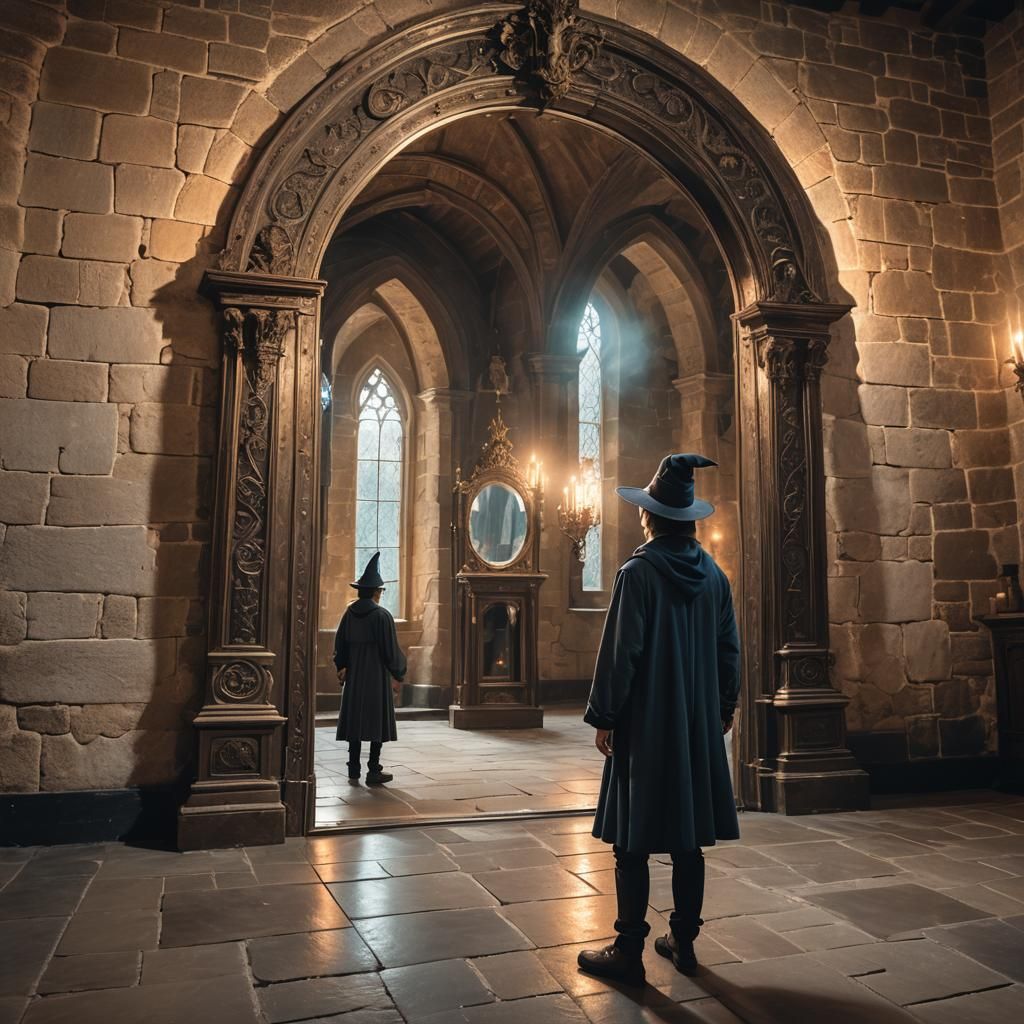 Young Wizard and Magical Mirror in Castle