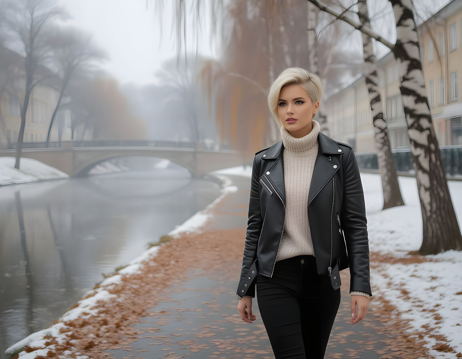 Woman in Park Amidst Autumn Snowfall