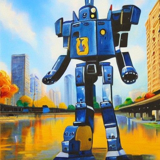 Giant Robot Duck Attacks City: Realistic Painting