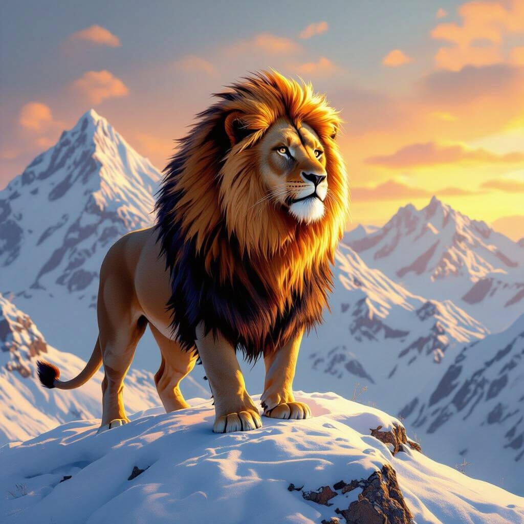 Fiery Lion on Snowy Peak in Hyperrealistic Style