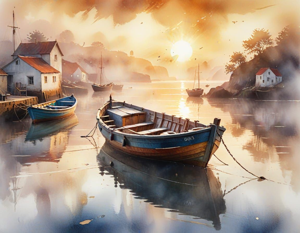 Misty Harbour: Watercolour Painting of Old Boat