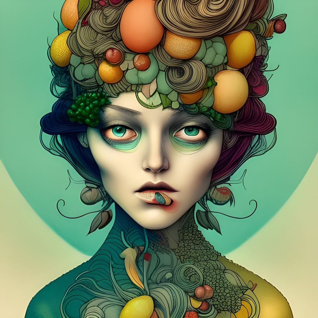 Lady with Fruit Hair: Digital Watercolor Illustration