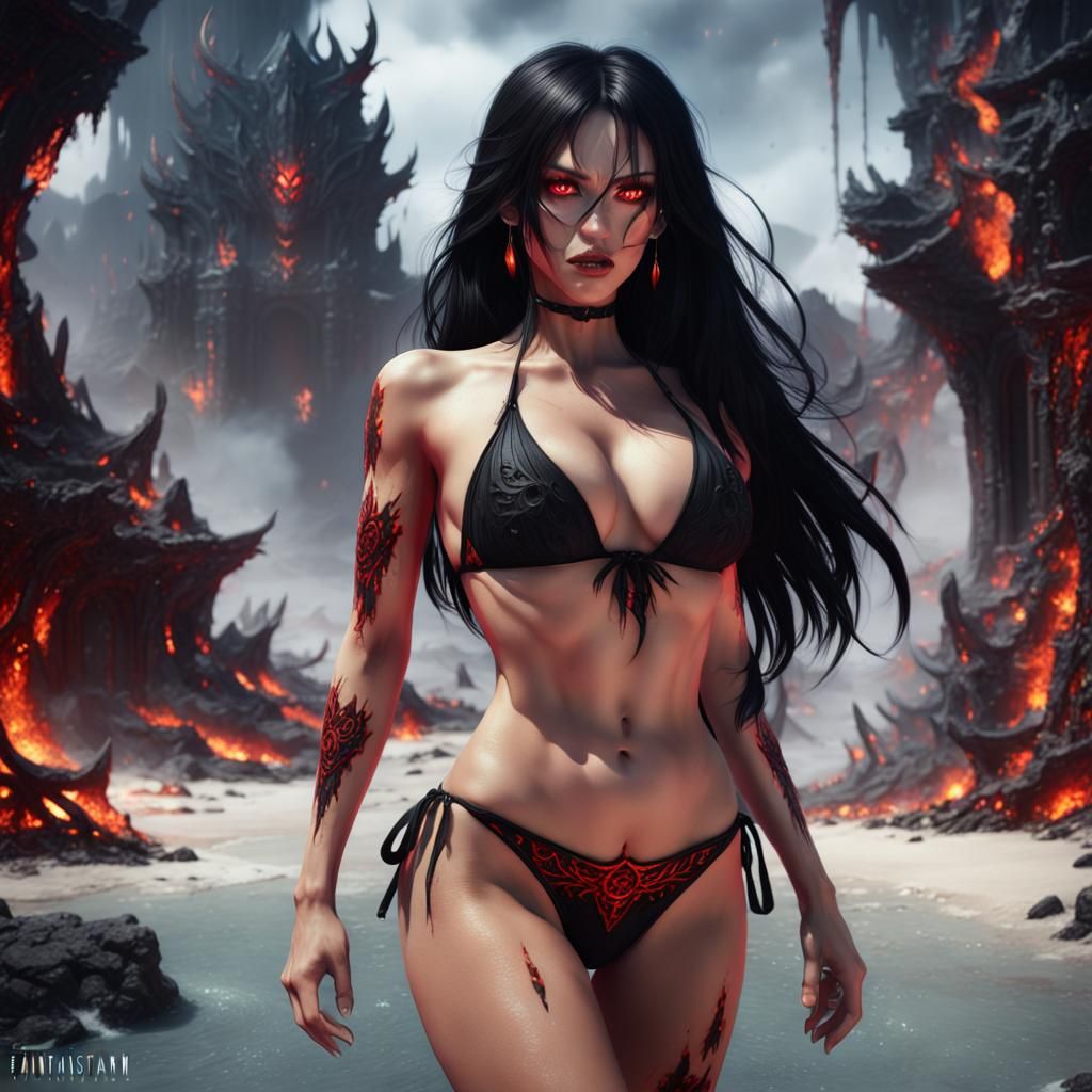 Bikini Girl with Red Eyes in Hellscape