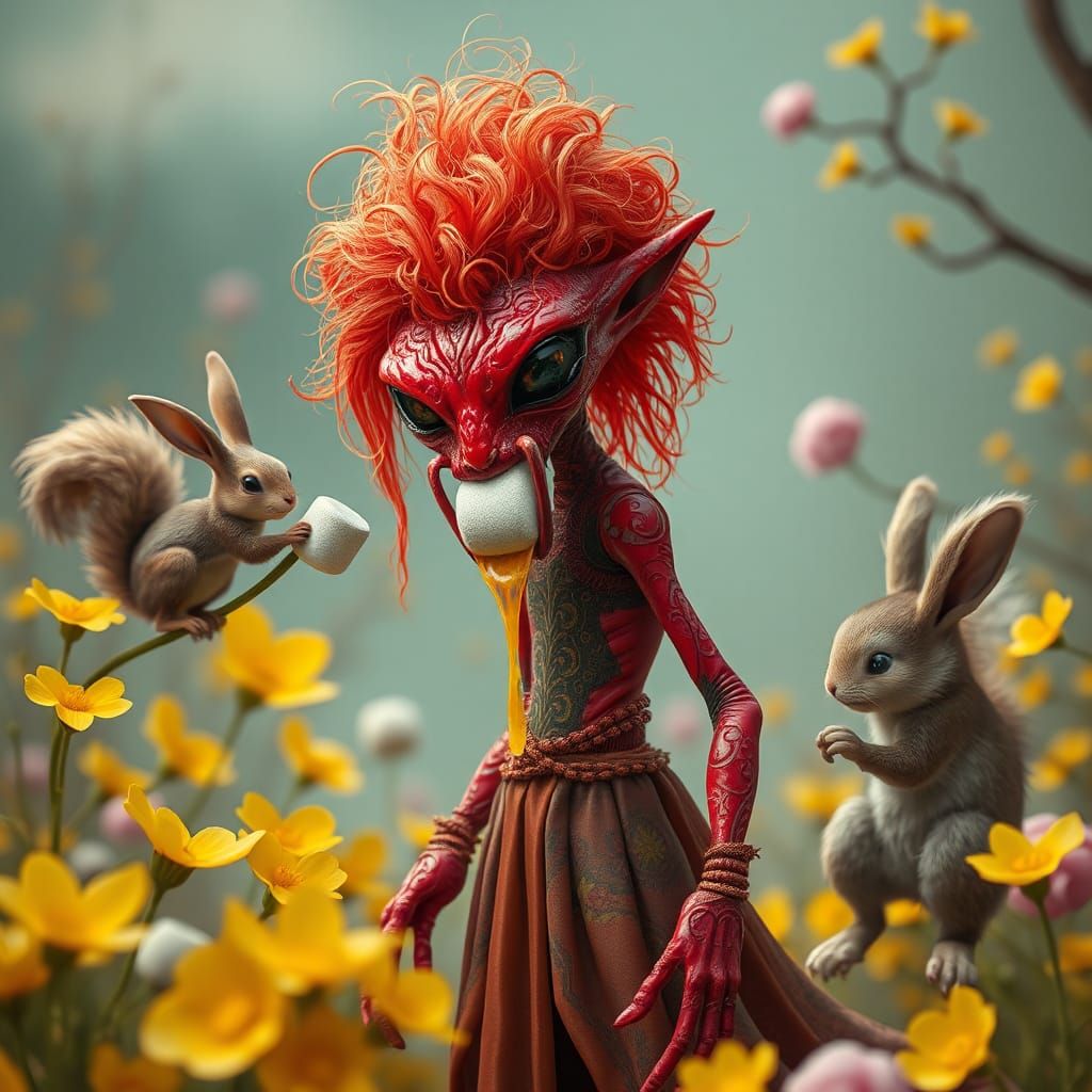 Alien with Rabbit and Squirrel in Fantasy Garden