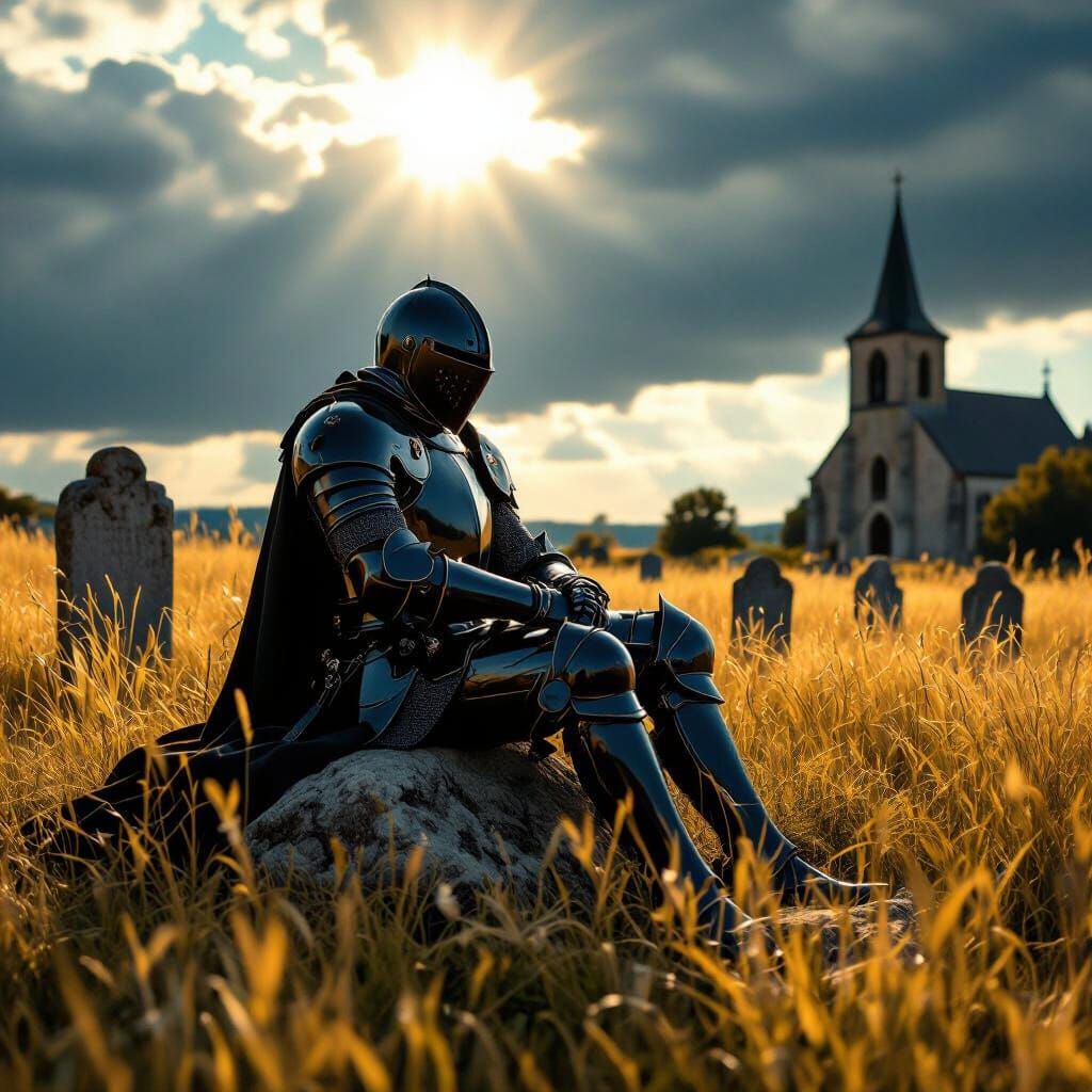 Knight in Black Armor Under Stormy Sky