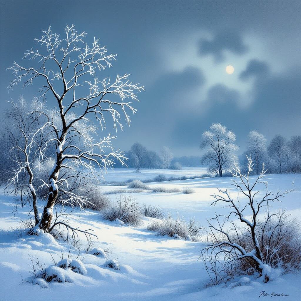 Serene Winter Landscape Oil Painting