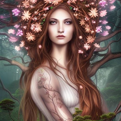 Mystical Tree Nymph in Forest: Detailed Fantasy Art