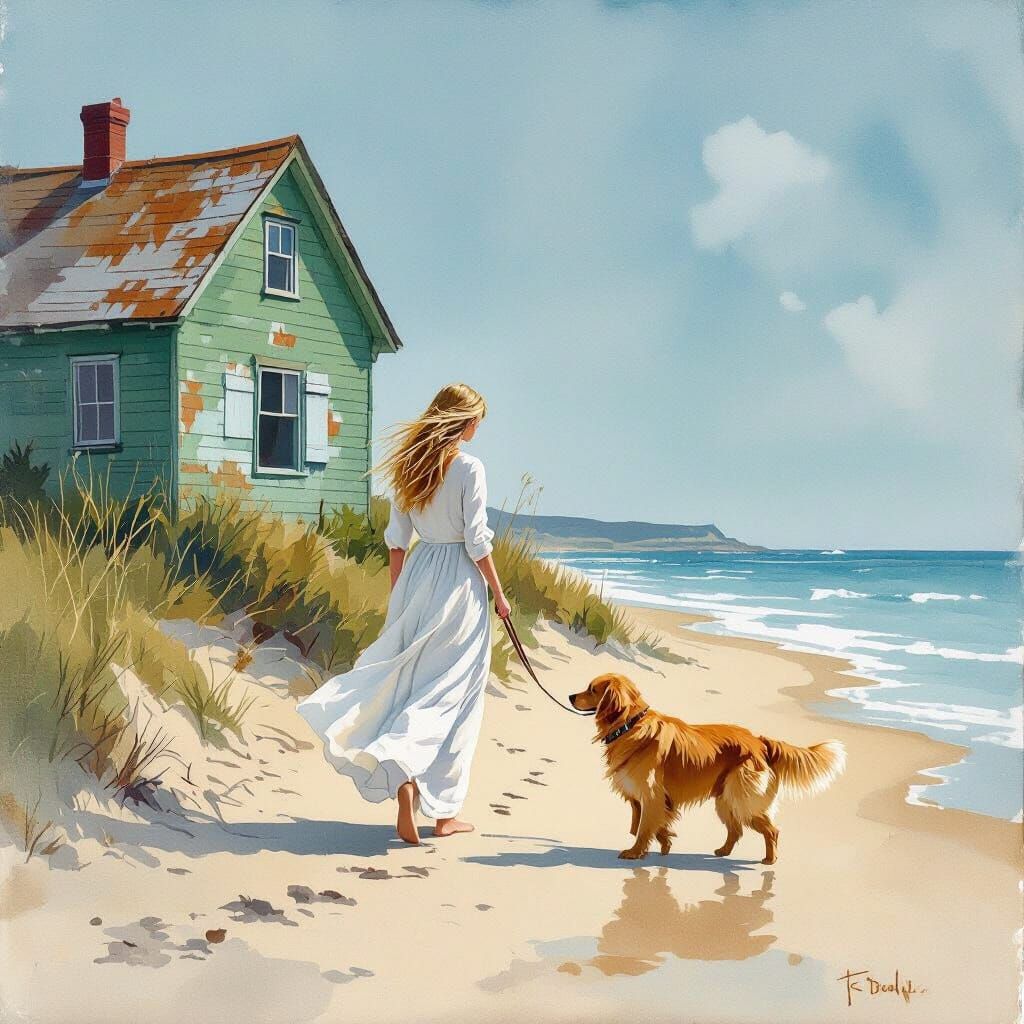 Serene Beach Scene with Dog in Watercolor Style