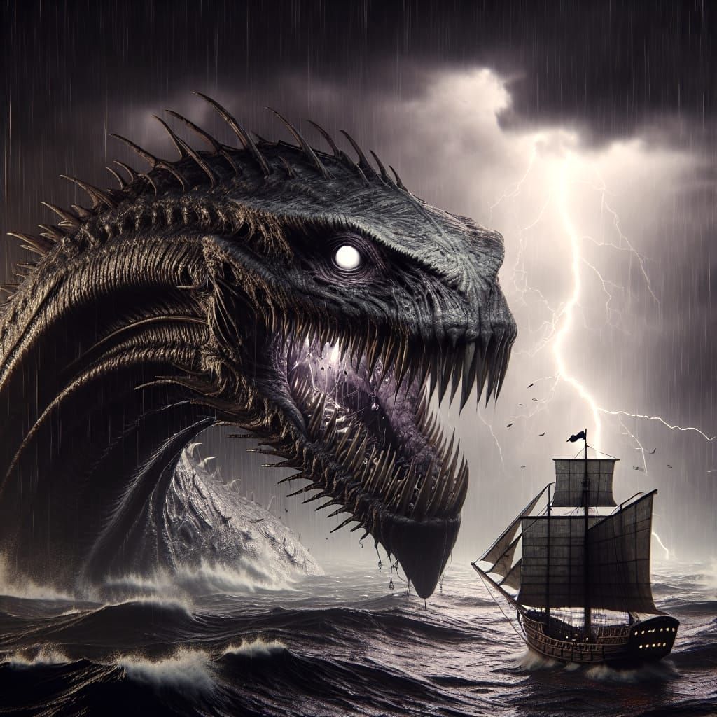 Giant Sea Serpent Attacks Pirate Ship in Storm