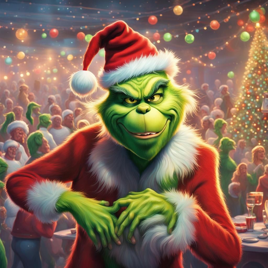 Grinch's Epic Christmas Party: Hyperrealistic Splash Art
