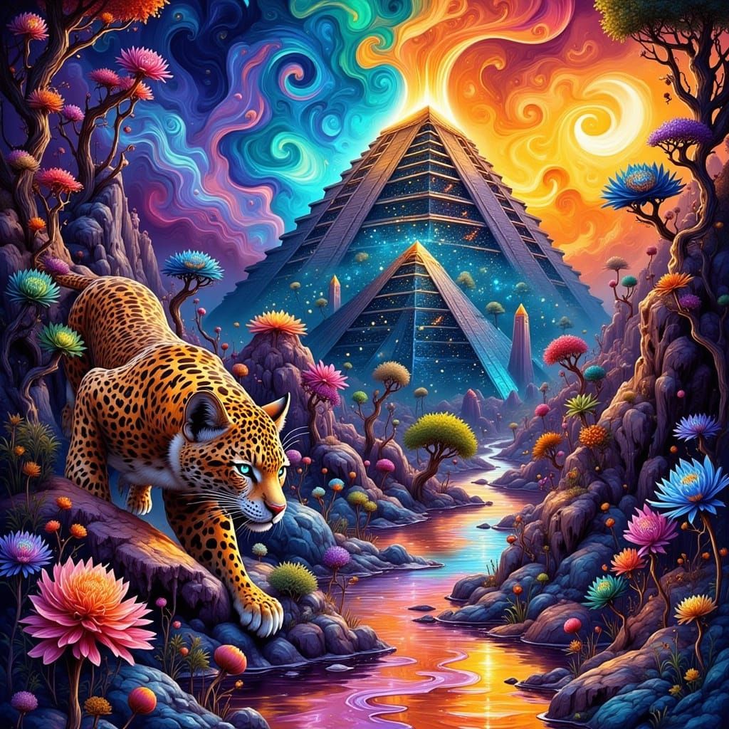 Psychedelic Aztec Dreamscape with Energy Jaguars