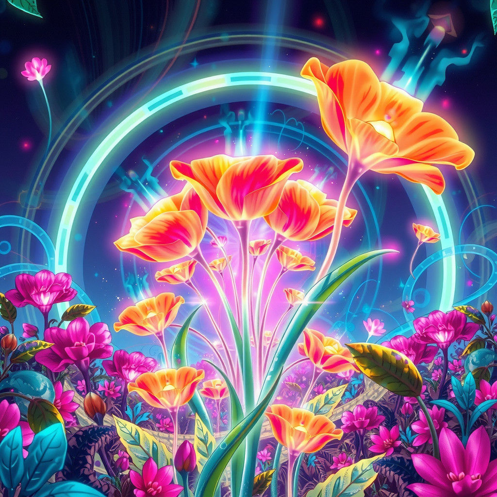 Futuristic Garden of Glowing Flora in Cyberpunk Style