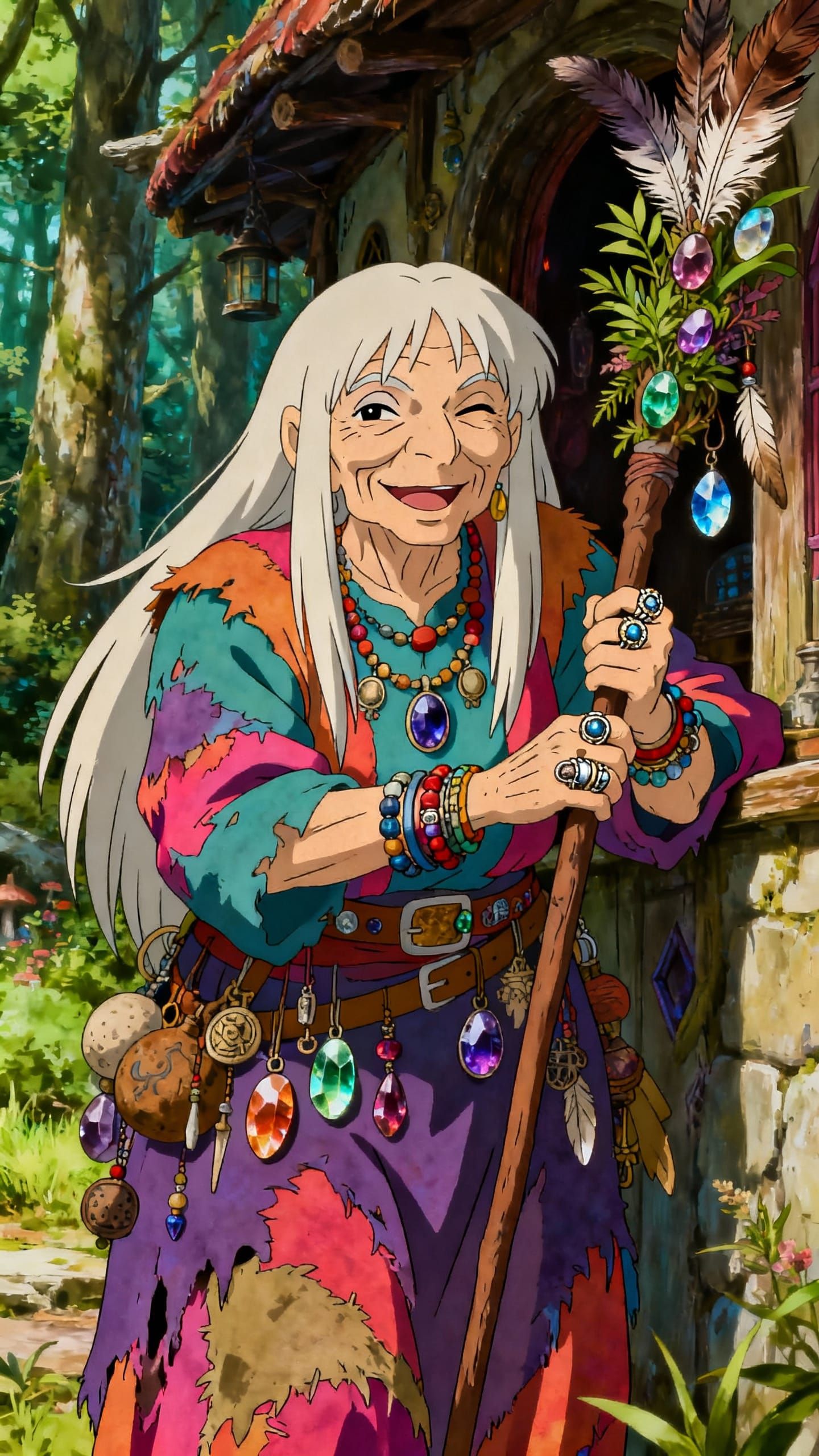 Vibrant Witch in Forest Clearing, Anime Style