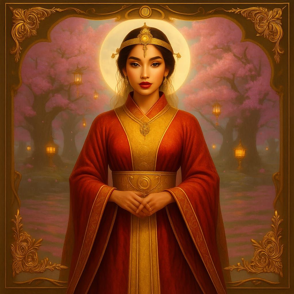 Elegant Priestess in Crimson and Gold Silk Robe