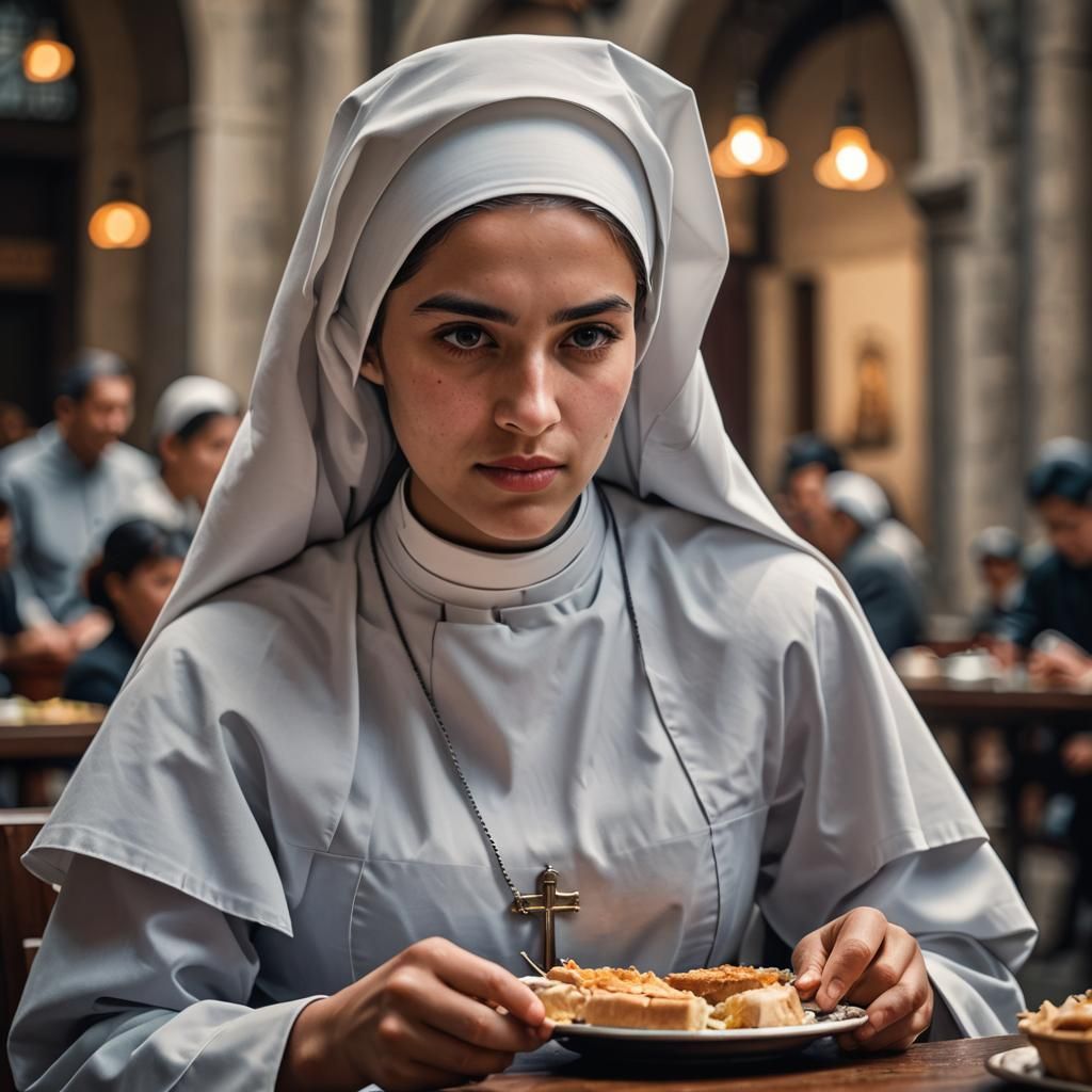 Beautiful Nun Giving Food: Hyperrealistic Photography